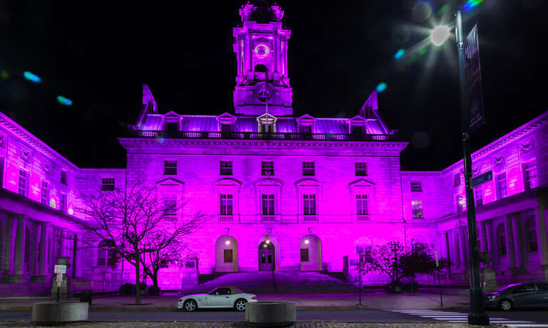 I noticed that the top of Portland's City Hall was illuminated and went to have a closer look.  I assume that this light is intended to be pink and that it recognizes October as Breast Cancer Awareness Month also called Pinktober.