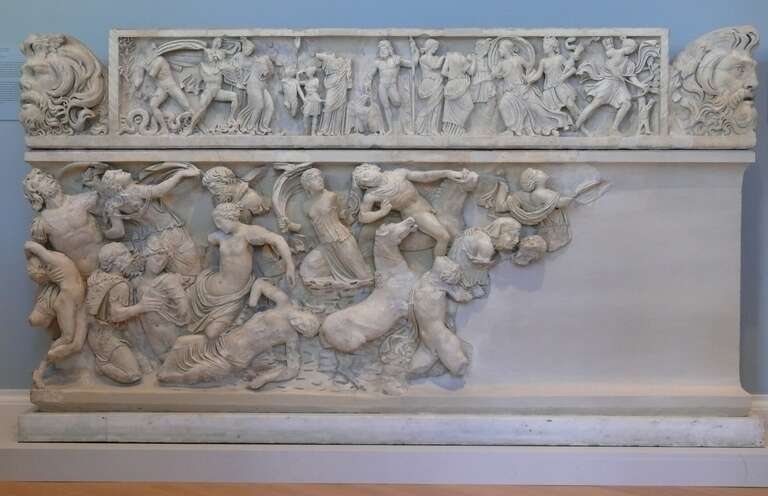 Fragmentary sarcophagus front and lid depicting the Slaughter of the Niobids in the Rhode Island School of Design Museum, Providence, RI.
Roman
end of the 2nd century AD
Marble (from Luna, modern Carrara, Italy)
Museum appropriation fund 21.076