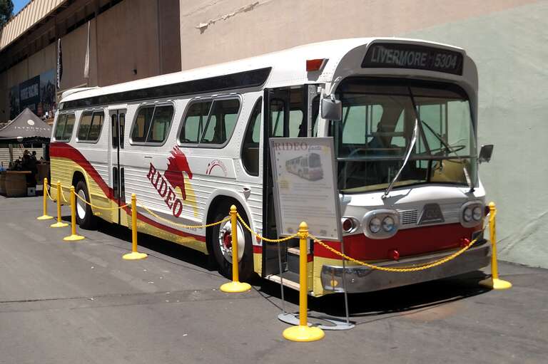 Rideo bus #5304, a 1966 GM New Look, on display at Alameda County Fair in July 2019. It is the last remaining bus from Rideo (the former Livermore bus system that preceded WHEELS) and was restored in 2011.
