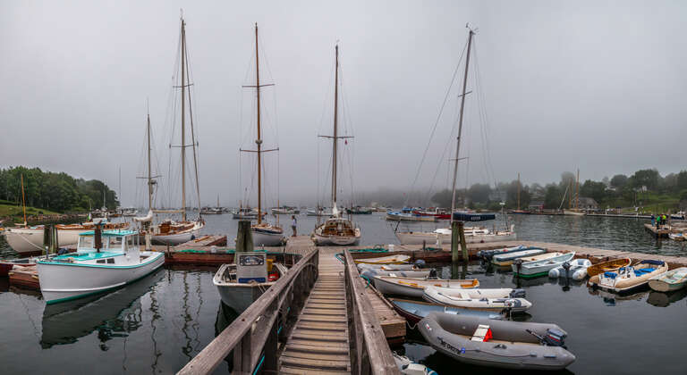 Another view of the fog infiltration of the harbor in Rockport, ME.  A five image panorama merged with Lightroom 6.