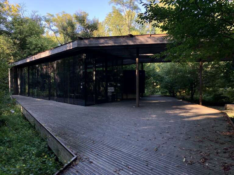 This image depicts the surrounding woods and exterior of the Ruth Lilly Visitors Pavilion at the Virginia B. Fairbanks Art &amp;amp; Nature Park: 100 Acres on the Newfields campus in Indianapolis, Indiana, U.S.