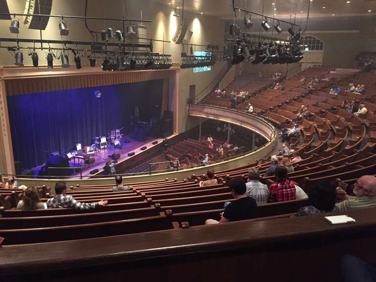 The interior of Ryman Auditorium before a show, as seen from the balcony behind section 15