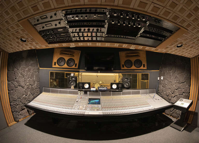 View from control room, over Studio D's SSL 9000J console, out to the live room.