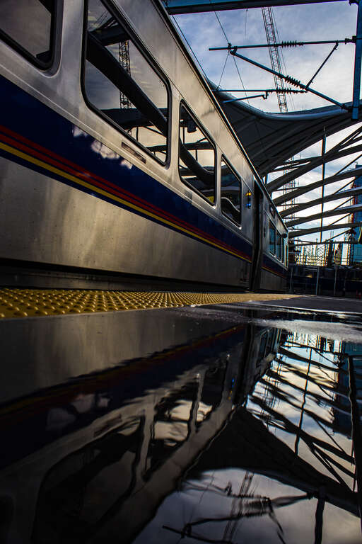 500px provided description: Winter time reflection at Union Station Denver, Colorado. [#sunset ,#rebel ,#colorado ,#Landscape ,#Winter ,#Canon ,#Photography ,#Cityscape ,#Train ,#Denver ,#Reflection ,#Urbanscape ,#RTD ,#Union station ,#1200d