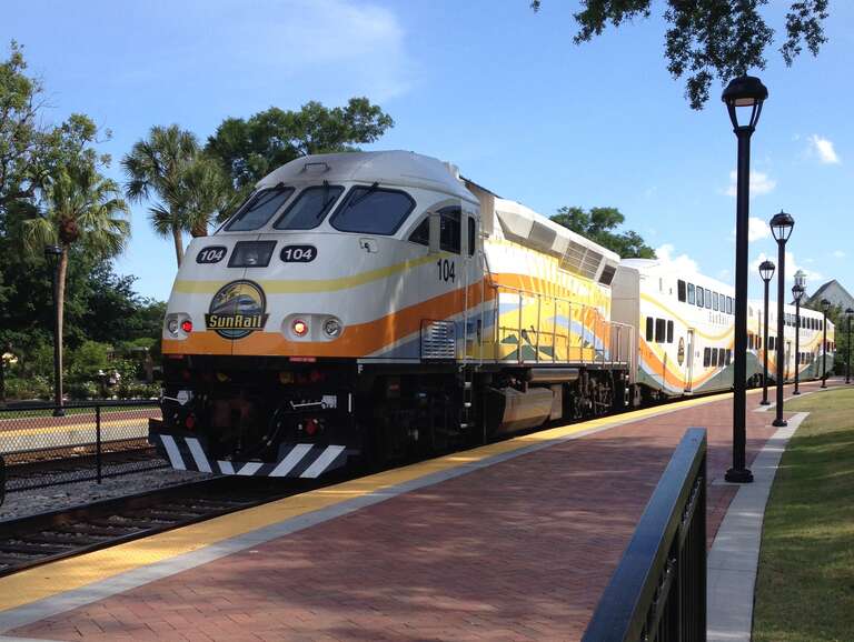 A southbound SunRail train leaving Winter Park Station, en route to downtown Orlando.