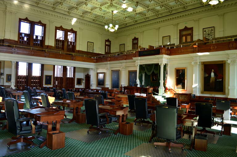 The chamber of the Texas State Senate in the Texas State Capitol in Austin, Texas.