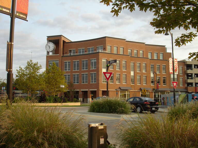 The current Amtrak terminal in Normal, Illinois. Shown here in September 2012, the facility opened in July 2012. The upper floors serve as City Hall for the Town of Normal.
