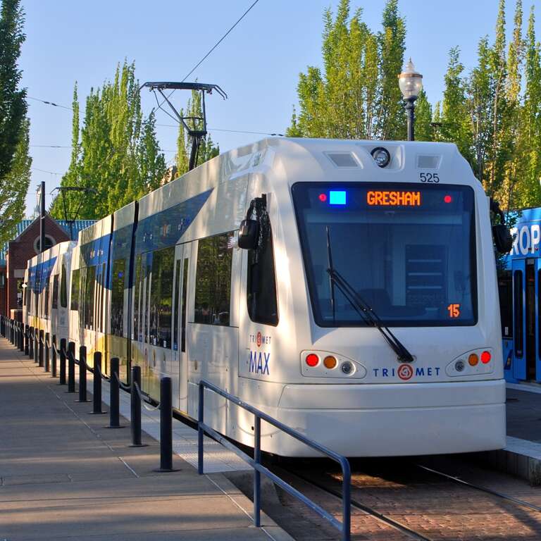 A MAX light rail train consisting of two &quot;Type 5&quot; LRVs (light rail vehicles), Nos. 525 and 524, laying over at Hatfield Government Center station in west Hillsboro, the west end of the Blue Line, waiting for its departure time for the next trip to