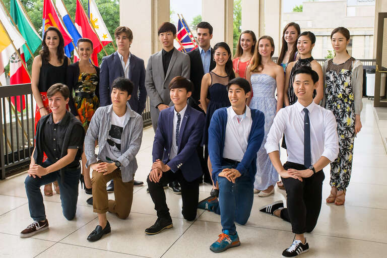 Medalist for the 2014 USA IBC at the press conference Friday morning where the winners were announced.   Front row left to right:  Ivan Duarte. Jinsol Eum, Taiyu He, Jeong Hansol, Byul Yun.  Back row left to right:  Paulina Guraieb Abella, Yasmin