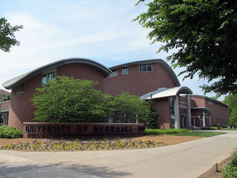 Photo of the Van Brunt Visitors Center and Mary Riepma Ross Media Arts Center (both addressed 313 N. 13th Street) on the University of Nebraska-Lincoln city campus in Lincoln, Nebraska.  Photo is looking north-northwest from the northwest corner of