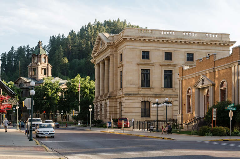 A view of Sherman street in Deadwood, South Dakota. The Court House is visible.