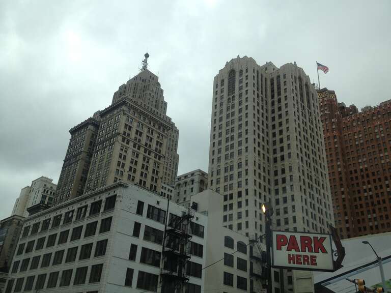 View of downtown Detroit from street, Detroit, Michigan, USA.