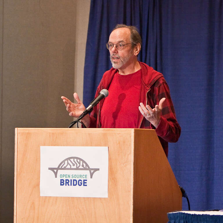 Ward Cunningham speaking at Open Source Bridge, an open source software developer's conference in Portland, Oregon.