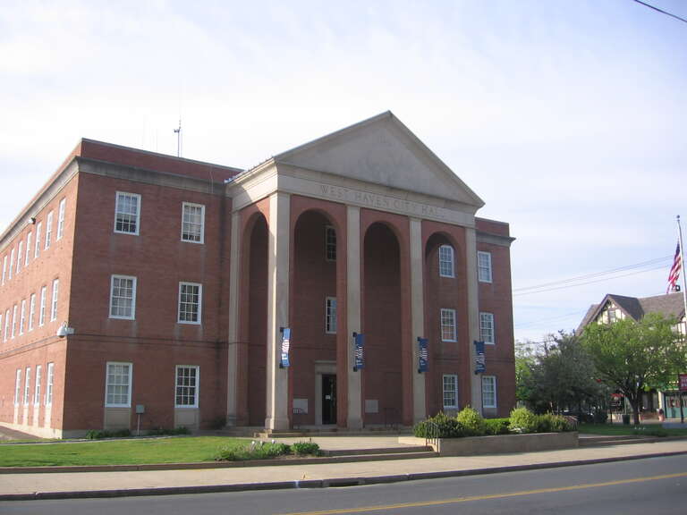 The City Hall of West Haven, Connecticut along Main Street across from the Green.  Looking north from the edge of the Green.