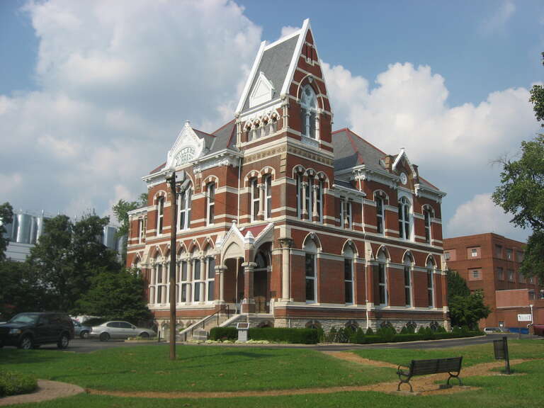 Front and southern side of the Willard Library, located at 21 First Avenue in Evansville, Indiana, United States.  Built in 1876, it is listed on the National Register of Historic Places.