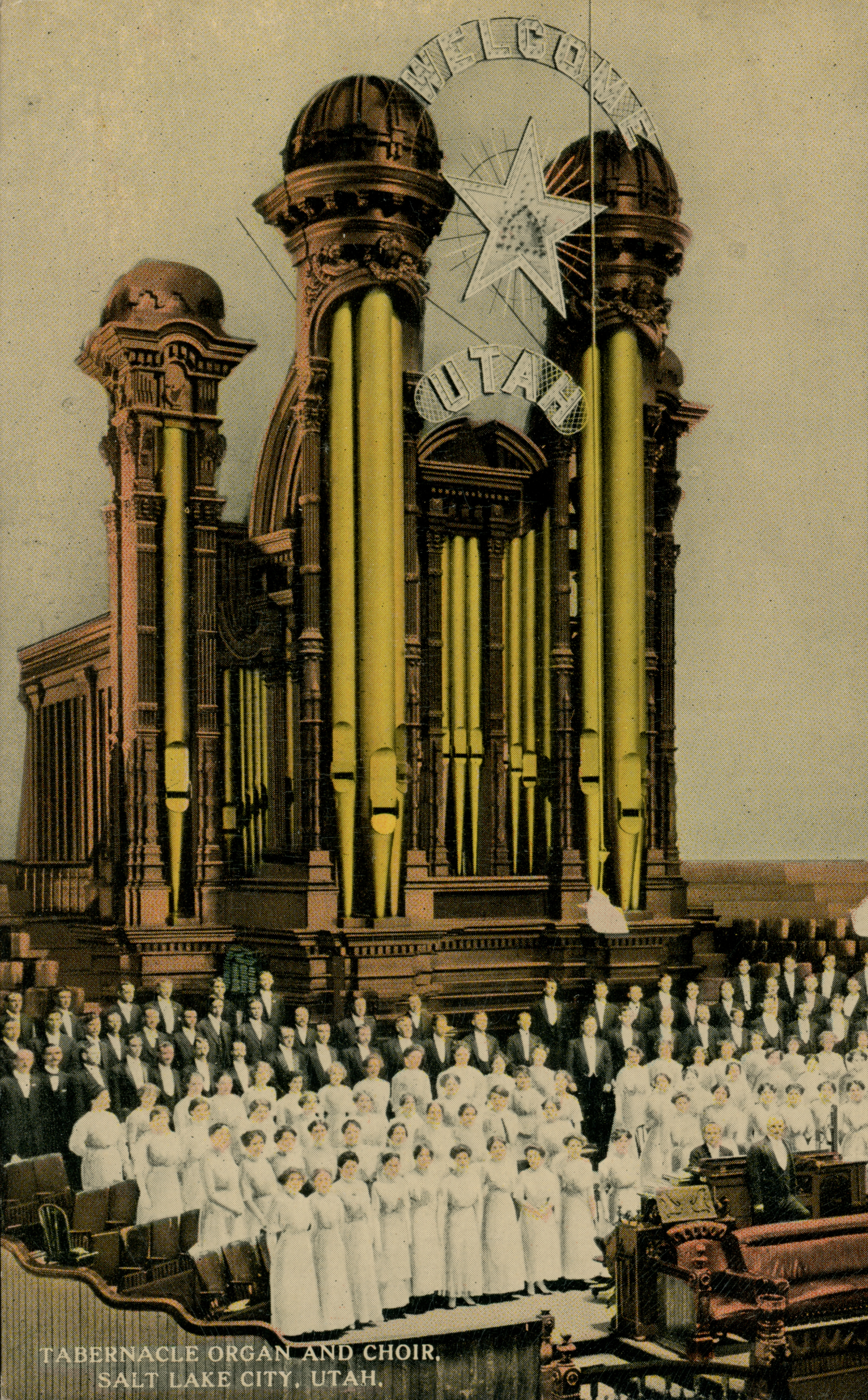 Description Information
Postcard title: &quot;Welcome Utah,&quot; Utah Gains Statehood.
Publisher: Souvenir Novelty Co., Salt Lake City, Utah, USA.
Date published: Circa 1909.
Printed Text:&quot;Tabernacle Organ and Choir. Salt Lake City, Utah.&quot;
Postcard period:
