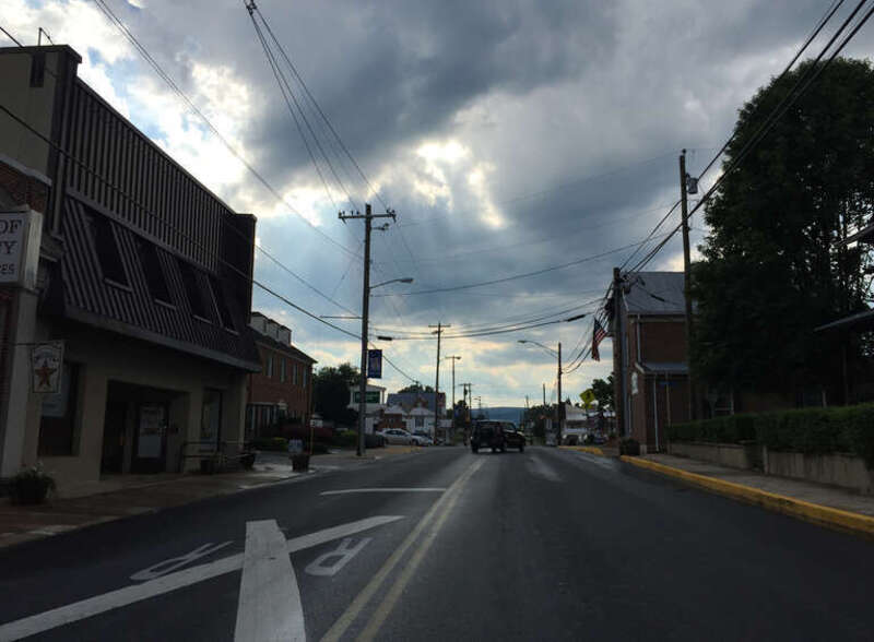 View south along U.S. Route 340 Business (Main Street) between Railroad Avenue and Masonic Drive in Stanley, Page County, Virginia