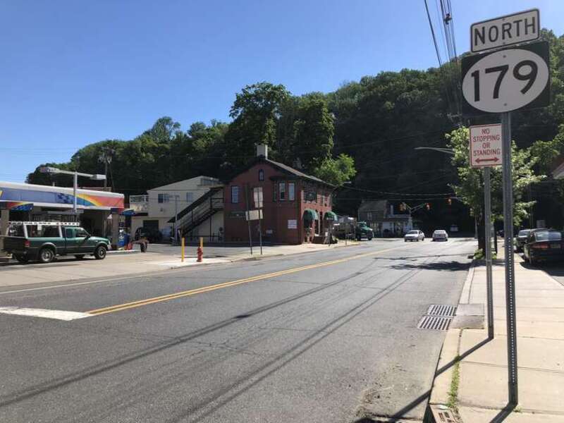 View north along New Jersey State Route 179 and south along New Jersey State Route 29 (Bridge Street) at Main Street in Lambertville, Hunterdon County, New Jersey