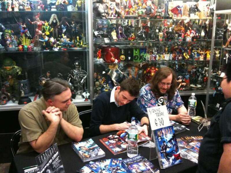 (From left to right:) Comic book creators David Alan Mack, Will Sliney and Keith DeCandido at a signing at Forbidden Planet in Manhattan.