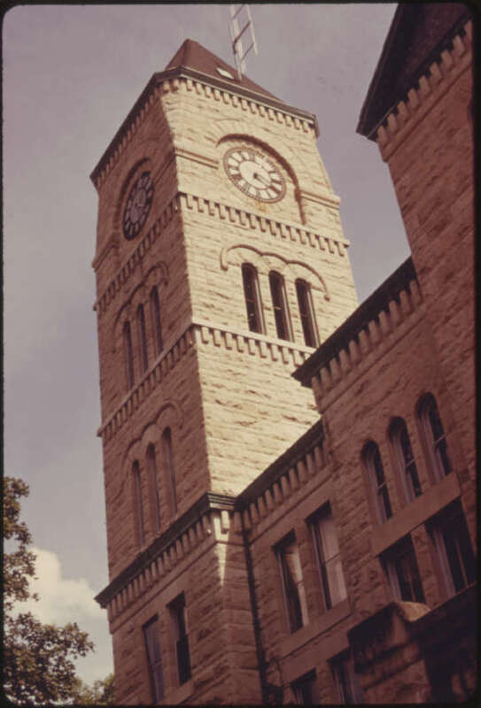 Atchison County Courthouse and Clock Tower in the County Seat of Atchison, Kansas. The Native Limestone Building Is a Good Example of Late 19th Century &quot;Municipal&quot; Architecture 06/1974