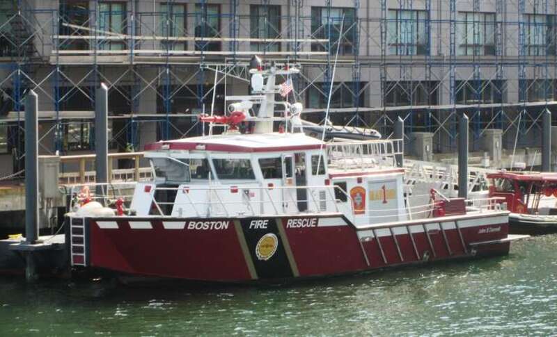 A fire rescue boat docked at Boston Fire Department Marina 1.
