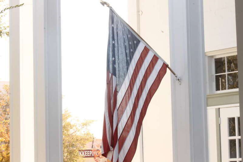 An American flag in front of the Boulder Dam Hotel in Boulder City, Nevada.