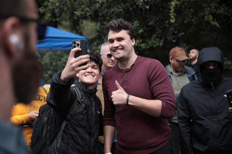 Charlie Kirk speaking with a student at the University of California, Berkeley tour stop of the &quot;Educate, Don't Mandate&quot; tour at Sather Gate in Berkeley, California.

Please attribute to Gage Skidmore if used elsewhere.