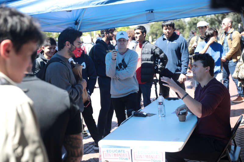 Charlie Kirk speaking with students at the University of California, Berkeley tour stop of the &quot;Educate, Don't Mandate&quot; tour at Sather Gate in Berkeley, California.

Please attribute to Gage Skidmore if used elsewhere.