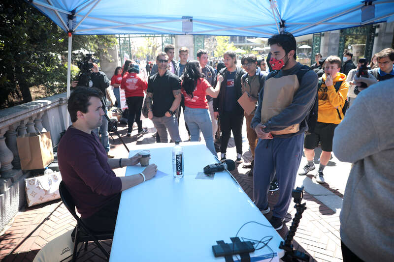 Charlie Kirk speaking with students at the University of California, Berkeley tour stop of the &quot;Educate, Don't Mandate&quot; tour at Sather Gate in Berkeley, California.

Please attribute to Gage Skidmore if used elsewhere.