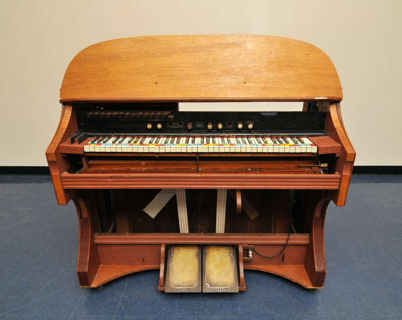 Harry Partch's Chromelodeon I, a pump organ modified to play in a particular system of just intonation. Photographed at the Harry Partch Institute at Montclair State University.
