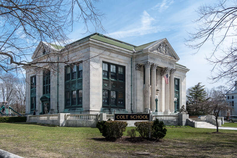 Colt Memorial School, a monument to Theodora DeWolf Colt, presented to the town of Bristol by her son Samuel P. Colt as a high school for the town of Bristol. Built 1906. Designed by Cooper &amp;amp; Bailey of Boston.