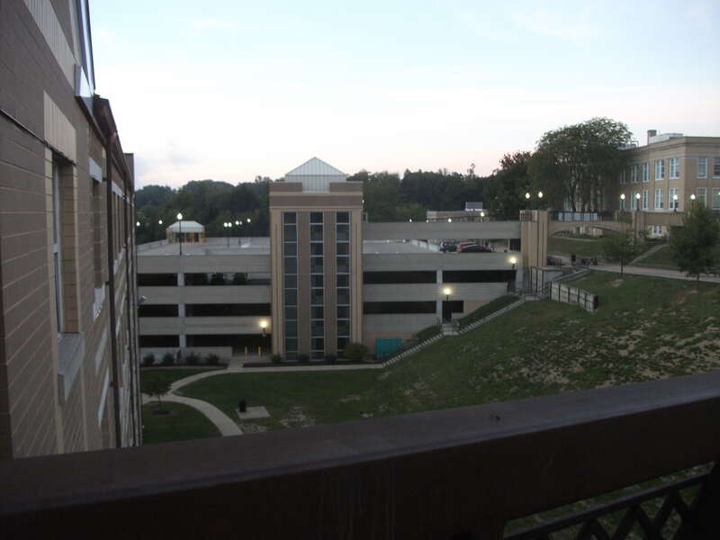 A view of Fairmont State University's parking garage as seen from the Bryant Place bridge.