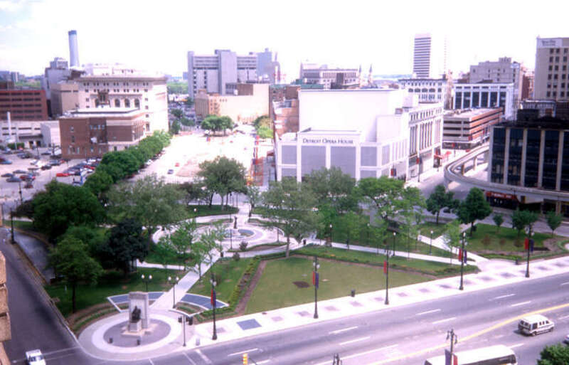 An arial view of the Grand Circus Park Historic District shows the Central United Methodist Church, the renovated Detroit Opera House, the David Whitney Building and more.