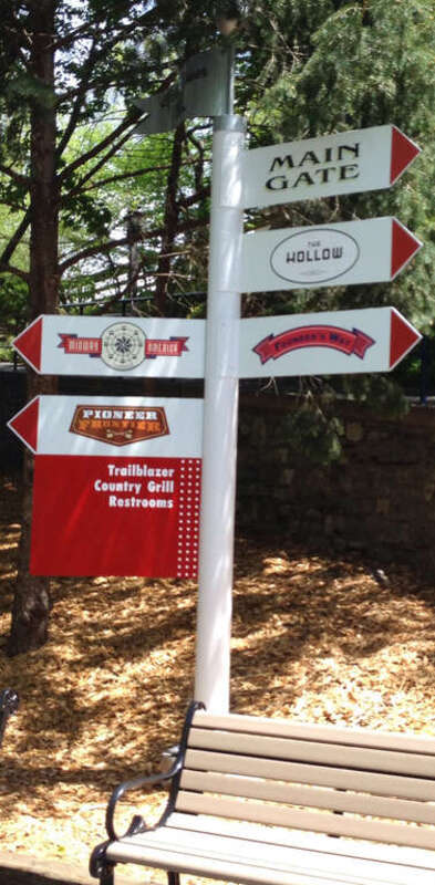 A directional sign in the Kissing Tower Hill region of Hersheypark.