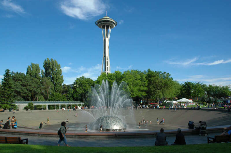 The International Fountain and the Space Needle at the Seattle Center, Seattle, Washington.