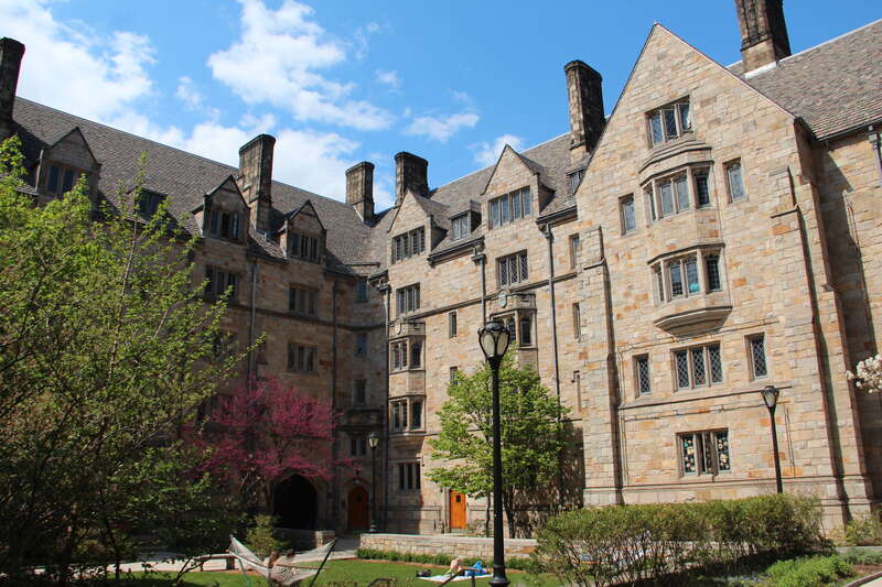 Killingworth Courtyard with flowering trees in bloom, the east courtyard of Saybrook College, in the Memorial Quadrangle, Yale University, New Haven, CT