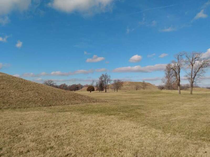 Monks Mound at Cahokia Mounds State Historic Site photographed from behind Mound 55