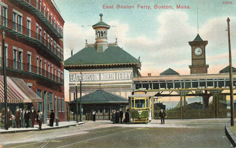 Divided back postcard of the North Ferry terminal at the foot of Battery Street in Boston. A Boston Elevated Railway streetcar is at the adjacent streetcar terminus.