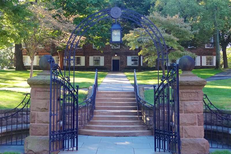 The Class of 1902 Memorial Gateway leading to the Queens Campus, Rutgers University in New Brunswick, New Jersey. Old Queens is in the background.