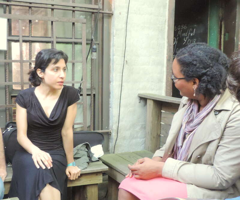 Two violinists and fellow Wikipedians discuss classical vs jazz, in Bar Sepia on Underhill Ave after Afrocrowd