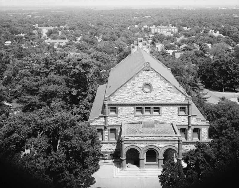 Elevated view of Spooner Hall, a building located at the intersection of 14th St. and Oread Ave. on the campus of the University of Kansas in Lawrence, Douglas County, Kansas, United States.  Built in 1894, the building was added to the National