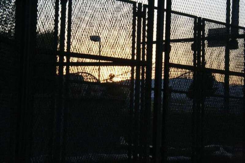 Fencing set up in a parking lot outside the Pepsi Center, site of the DNC.