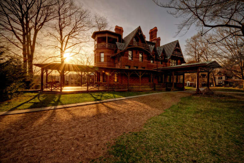 The setting sun on the beautiful Mark Twain House and Museum in Hartford, CT 2014.