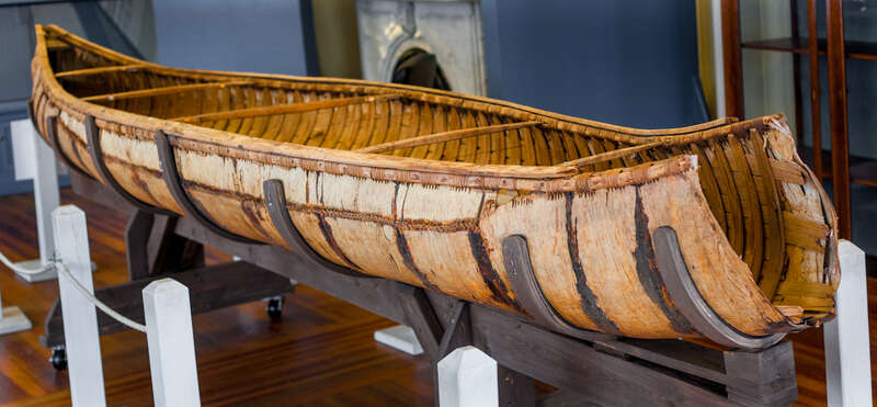 This very old birch bark canoe was made by Native Americans some time between 1720 and 1780 as determined by isotope dating.  This may be the oldest such canoe in existence.  It is on display at the local Pejebscot Historical Society here in