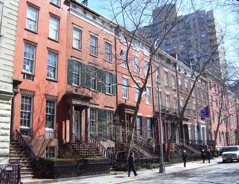 The town houses at 19 (right) - 26 (left) Washington Square North between Fifth Avenue and MacDougal Street in the Greenwich Village neighborhood of Manhattan, New York City, were built in 1836-39 in the Greek Revival style, except for #20, which was