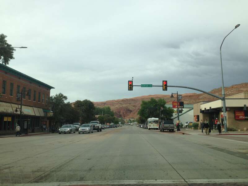 View north along U.S. Route 191 in downtown Moab, Utah