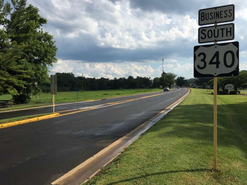 View south along U.S. Route 340 Business (Broad Street) near Hill House Lane in Luray, Page County, Virginia