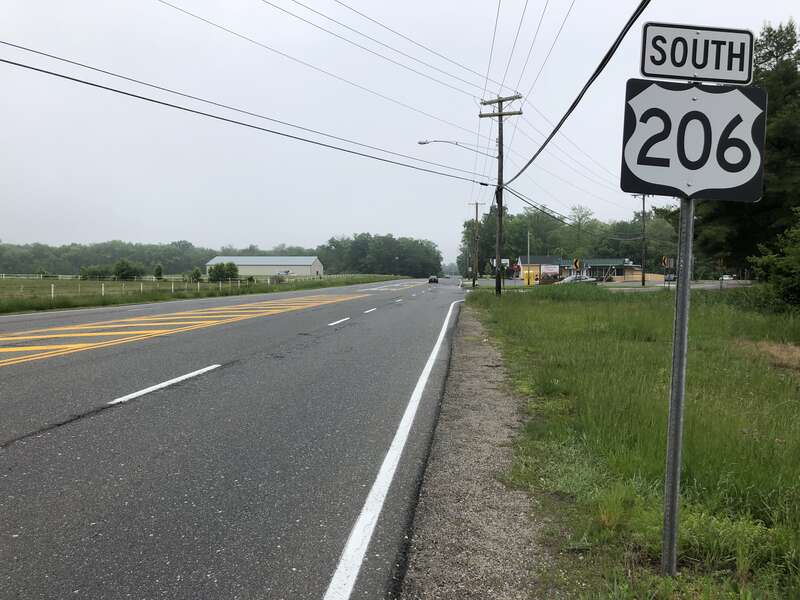 View south along U.S. Route 206 at Burlington County Route 648 (Willow Grove Road/Old Indian Mills Road) in Shamong Township, Burlington County, New Jersey