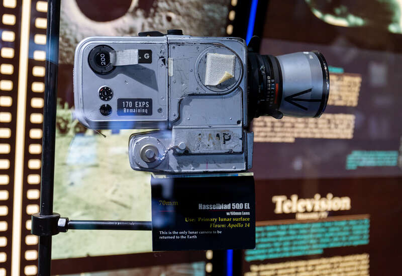 The Apollo 14 Hasselblad camera, the only camera used on the moon returned to Earth, on display at the Cosmosphere in Hutchinson, Kansas.