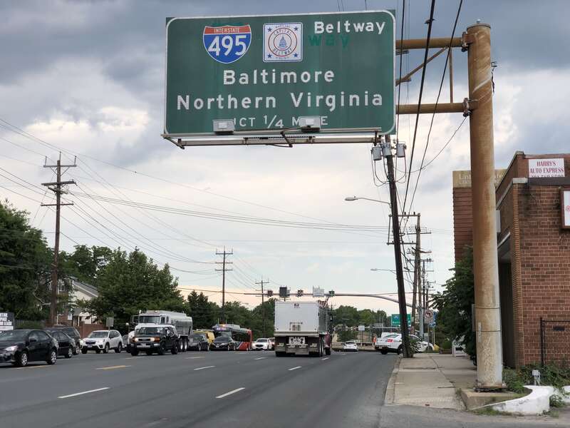 View north along Maryland State Route 97 (Georgia Avenue) one-quarter mile south of the interchange with Interstate 495 (Capital Beltway) in Silver Spring, Montgomery County, Maryland